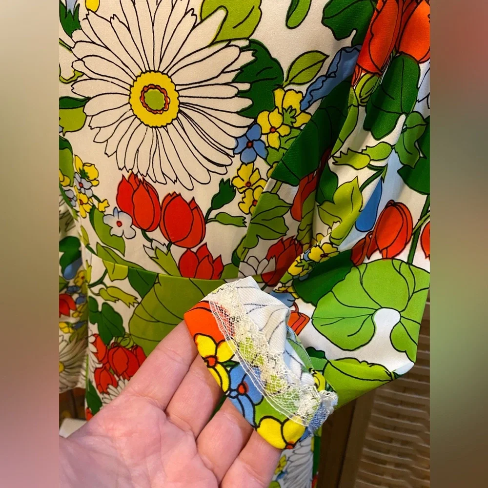 Vintage Anika Mod Flower Power Long Sleeve Maxi Dress Sz M Dagger Collar - Picture 11 of 14